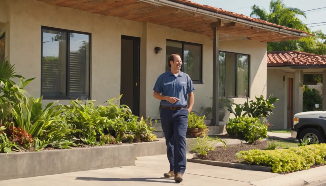 A friendly septic service provider speaking with a homeowner outside a single-story block home in Miami