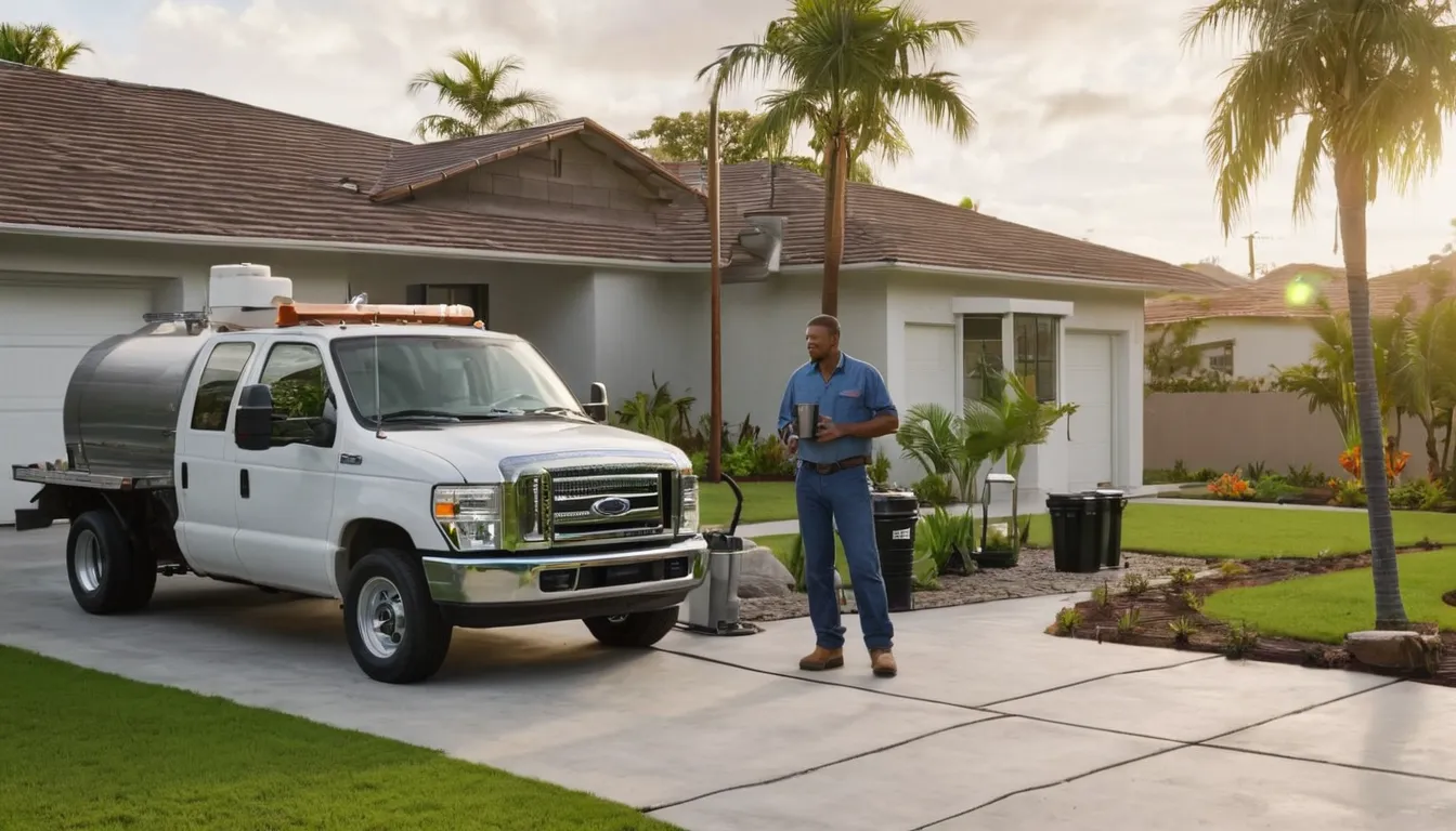 Septic tank pumping visit at a single-story concrete block home in Miami