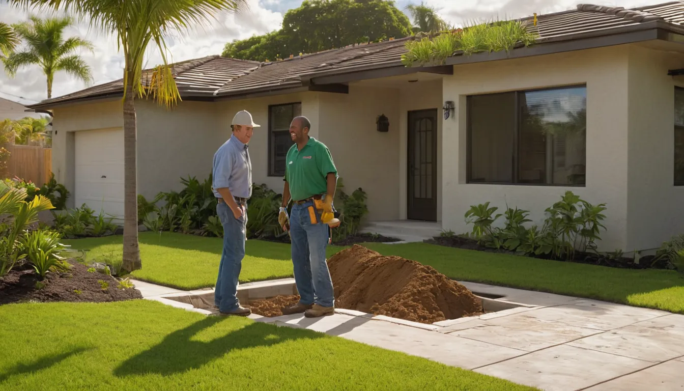 A friendly local provider reviewing a sewer line repair plan with a homeowner in a Miami front yard
